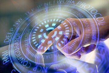 Multi exposure of man's hand holding and using a digital device and data theme drawing. Innovation concept.