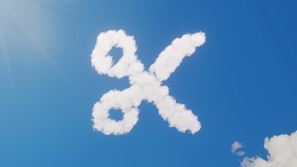 3d rendering of white clouds in shape of symbol of cut on blue sky with sun