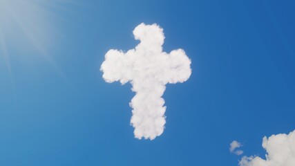 3d rendering of white clouds in shape of symbol of cross on blue sky with sun