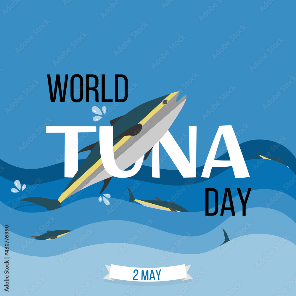 Wall mural Vector illustration for world tuna day on may 2. Tuna Day card in blue colors.