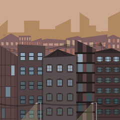 The big city in the morning sun. Dawn in the city. Vector illustration with houses, lanterns and skyscrapers on the horizon