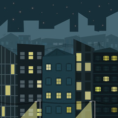 Big city late at night. Night on a quiet street in a big city. Vector illustration with houses, lanterns, glowing windows and skyscrapers on the horizon