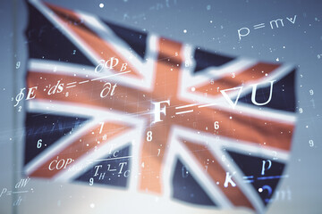 Double exposure of scientific formula hologram on British flag and blue sky background, research...