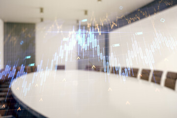 Double exposure of abstract creative financial chart hologram and world map on a modern meeting room background, research and strategy concept