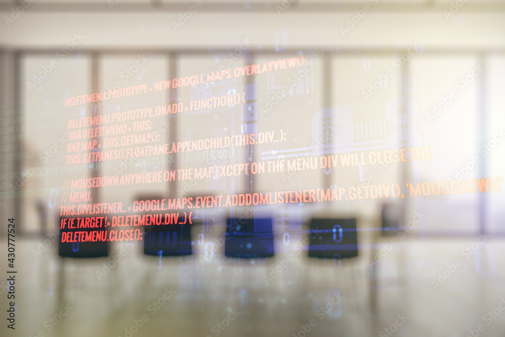 Poster multi exposure of abstract creative coding sketch on a modern conference room background, artificial