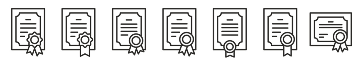 Quality certificate icon. Achievement, award, grant, diploma icon set. Line icons set. Isolated on white background. Editable Stroke. Vector