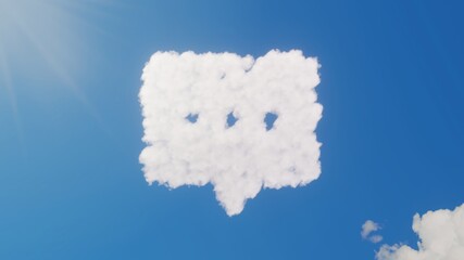 3d rendering of white clouds in shape of symbol of rounded chat bubble on blue sky with sun