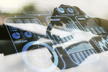 Abstract creative analytics data spreadsheet with finger clicks on a digital tablet on background, analytics and analysis concept. Multiexposure