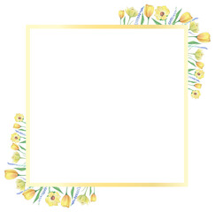 Obraz premium Aquarelle floral copy space frame with flowers around the square. Watercolor hand painted square greeting card for wedding, easter, birthday, holiday, mother`s day, women`s day.