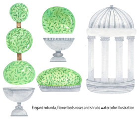 Elegant rotunda, flower beds vases and shrubs watercolor illustration