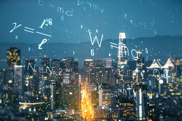 Scientific formula illustration on San Francisco cityscape background, science and research concept. Multiexposure
