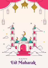 Flat eid al-fitr eid mubarak illustration with mosque line art, bedug, ketupat and crescent moon