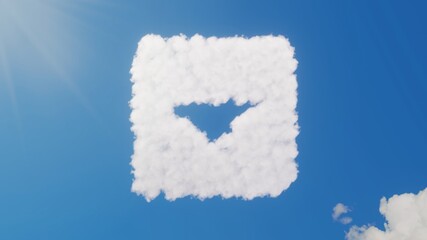 3d rendering of white clouds in shape of symbol of caret square down on blue sky with sun