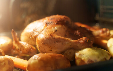 Oven baked chicken with potatoes and carrots.
