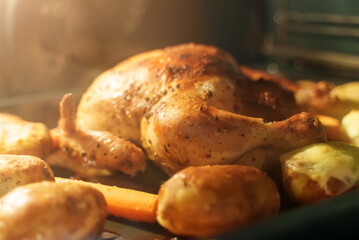 Oven baked chicken with potatoes and carrots.