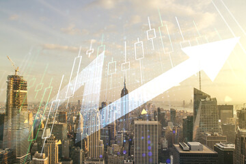 Multi exposure of abstract financial diagram and upward arrow on Manhattan office buildings background, rise and breakthrough concept