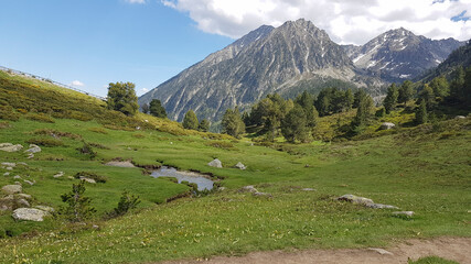 Ruta entre parados, arroyos y altas montañas hacia el Estanque de Gerber en el puerto de Bonaigua,...
