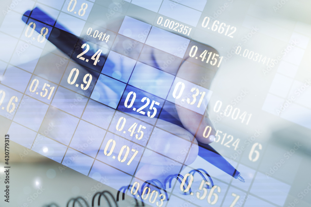Poster Multi exposure of stats data illustration with man hand writing in notebook on background, computing and analytics concept