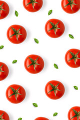 Food pattern background - tomatoes, basil leaves