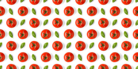Food pattern background - tomatoes, basil leaves