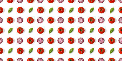Food pattern background - tomatoes, basil leaves, onion