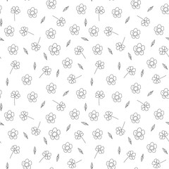 Black and white floral seamless pattern with leaves and buds. Vector illustration in outline handdrawn style