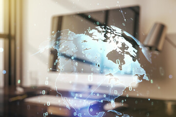 Multi exposure of abstract graphic coding sketch with world map on modern computer background, big data and networking concept