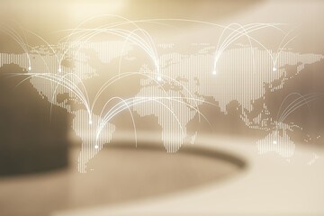 Double exposure of abstract digital world map hologram with connections on empty modern office background, research and strategy concept