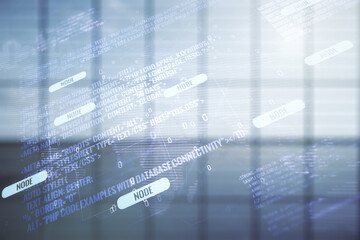 Abstract virtual coding concept and world map hologram on empty corporate office background. Multiexposure