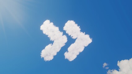 3d rendering of white clouds in shape of symbol of angle double right on blue sky with sun