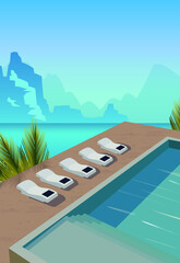 Digital illustration of a tropical landscape vacation villa hotel overlooking the ocean mountains and pool with sun loungers sun loungers surrounded by palm tree