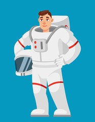 Astronaut holding spacesuit helmet. Male person in cartoon style.