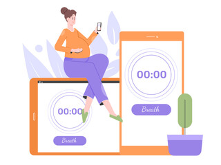 Pregnant woman uses a mobile app to count contractions. Pregnancy and childbirth. Time counter on the smartphone screen. Vector flat illustration.