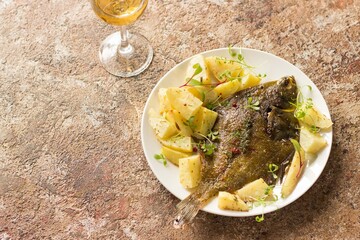 sea fish flounder cooked with vegetables and herbs. served with white wine. healthy food concept