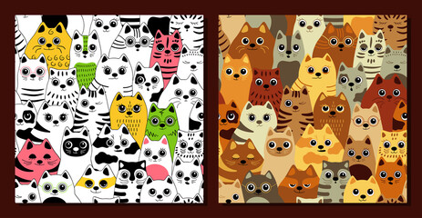 Cats - Seamless pattern. Big company of cats of different breeds. Vector background for fabric, textile, wallpaper, posters, gift wrapping paper, napkins, tablecloths. Print for kids, children
