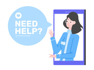 Cute woman doctor on the smartphone screen. Text in speech bubble need help. Online medical consultation. Video mobile chat, conference. Vector flat illustration.