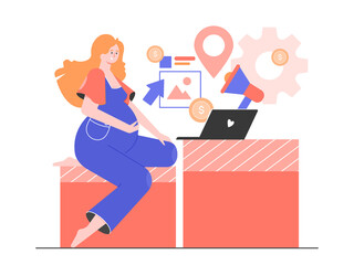 Pregnant woman with laptop surrounded by marketing icons. Personal brand development, blogging, making money on social media on maternity leave. Financial independence. Vector flat illustration.