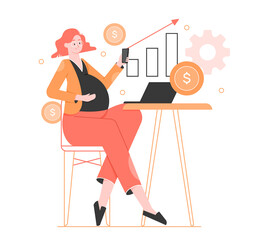 Pregnant woman behind a laptop with smartphones in her hands. Making money on maternity leave, budget planning, income graph analysis. Financial independence of the expectant mother. Vector flat.