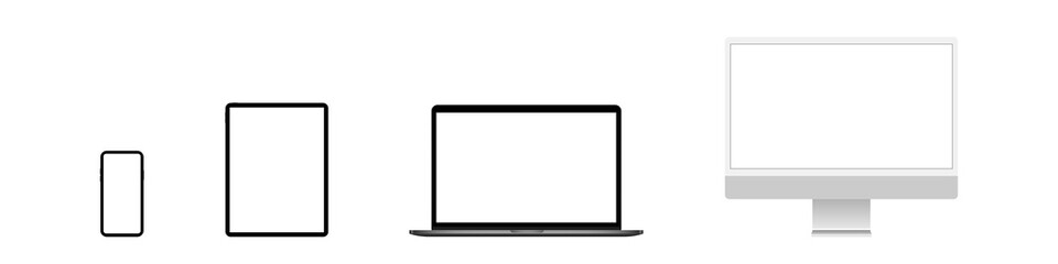 Device blank screen mockup. Realistic pc computer, laptop, tablet, mobile cellphone mock up. Vector isolated