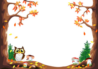 Fototapeta premium Vector illustration of a fairy tale autumn background frame made of trees, mushrooms, falling leaves and a cute owl in a cartoon style on a white background.