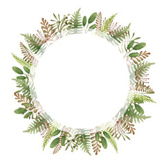 Floral natural boho style wreath. Hand drawn watercolor rustic elegant round frame. Countryside wreath from fern, evergreen herbs, forest leaves. Natural round decor. Seasonal autumn elegant frame