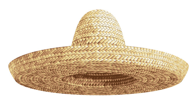 Realistic Summer Straw Wicker Hat like Mexican Sombrero in Front View