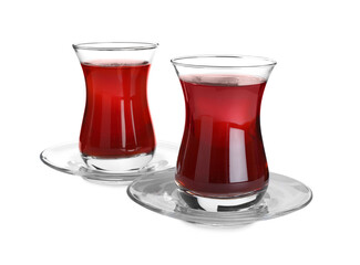Glasses with traditional Turkish tea isolated on white