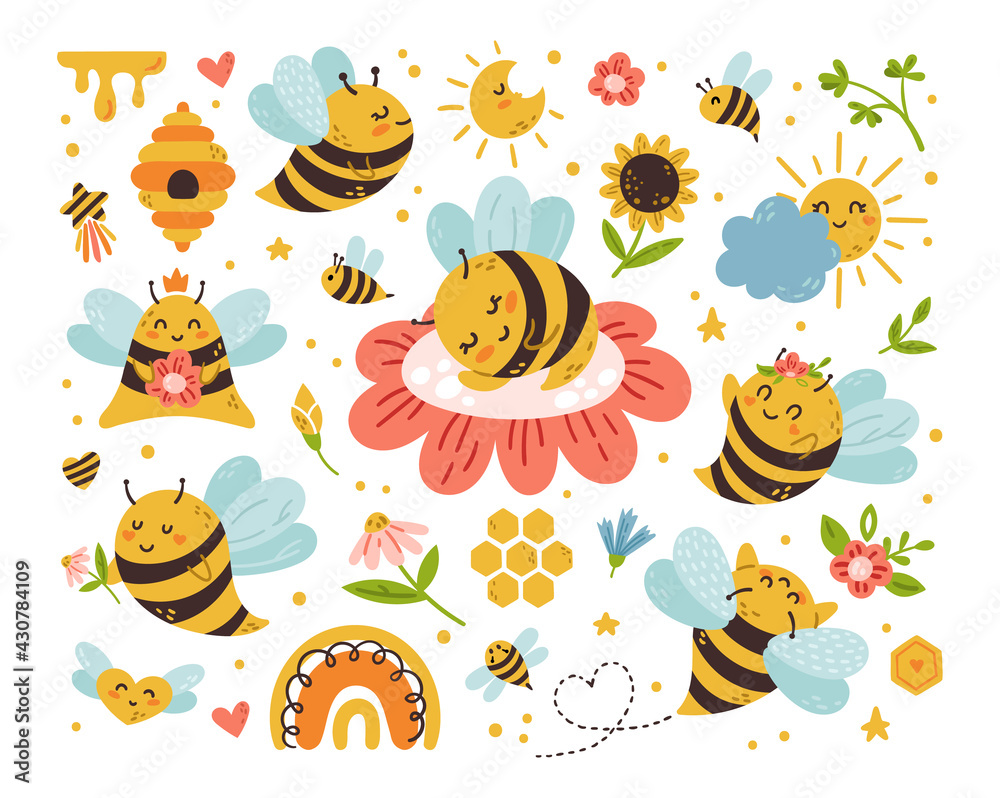 Wall mural honey bee cartoon kids isolated clip art bundle