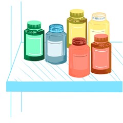 Containers for storing various types of medicines. Digital illustration