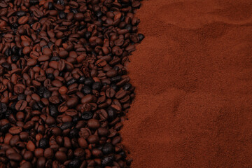Obraz na płótnie Canvas Bottom half filled with coffee beans and half with ground coffee