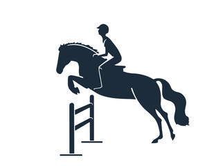 Horseback logo design, young rider and pony jump over obstacle