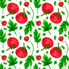 Seamless pattern with tomatoes and herbs on a white background. The vegetable illustration is hand-drawn in watercolour. Can be used for fabric, wrapping paper, cover, postcard.