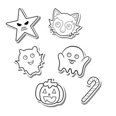 Set of black line halloween elements on white silhouette and gray shadow. Hand drawn cartoon style. Doodle for decoration or any design. Vector illustration of holiday.