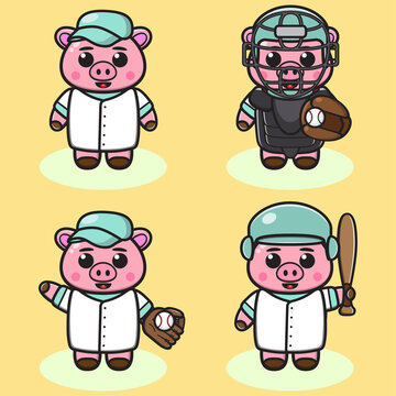 Vector illustration of cute Pig Baseball. Cute Pig expression character design bundle. Good for icon, logo, label, sticker, clipart.